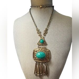 Vtg Egyptian Revival Statement Necklace Green Peking Glass Cabochons Gold Tone